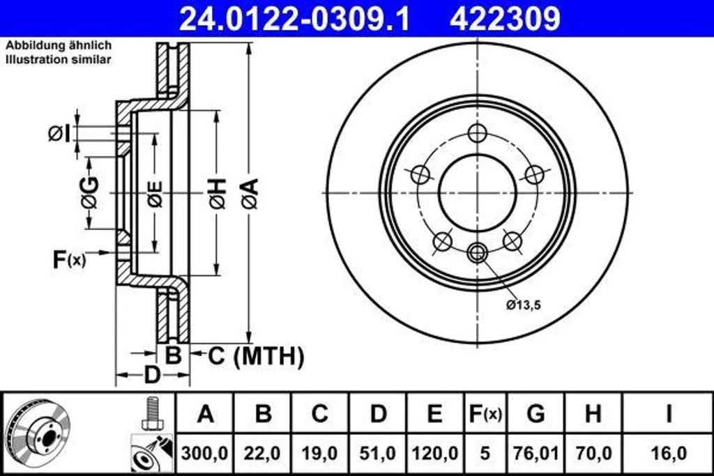 Disque de frein ATE 24.0122-0309.1 haute résistance pour Amarok 2N0