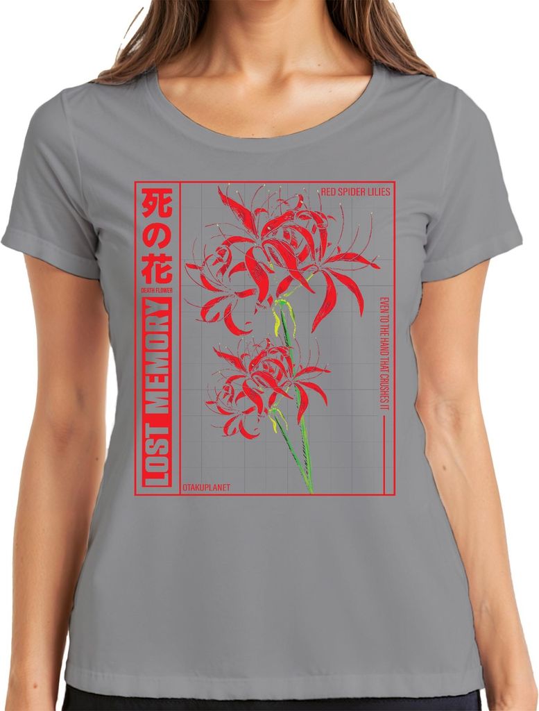 Rote Spinnenlilie LOST MEMORY japanische Blume Anime Otaku Ästhetik Damen T-Shirt, Grau, 3XL