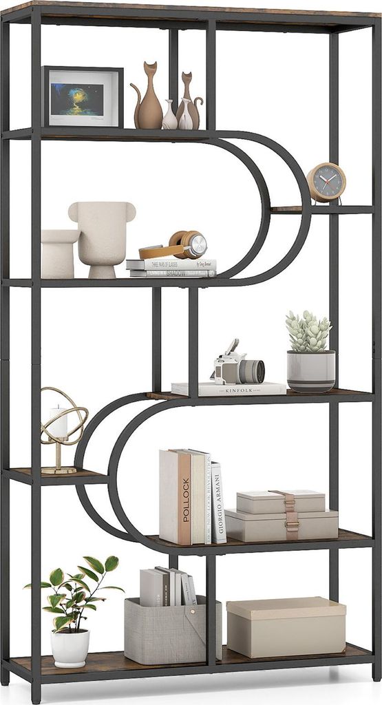 A multi-shelf bookcase with decorative items on display.