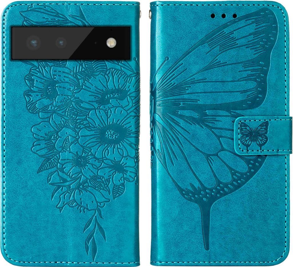 Google Pixel 6 Hülle, Schmetterling Prägung Flip Leder Kartenfächer Schutzhülle Ledertasche mit Ständer für Google Pixel 6 Blau