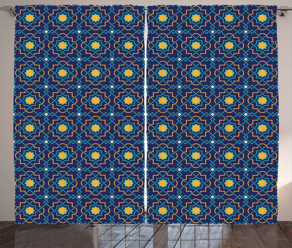 ABAKUHAUS Quatrefoil Rustikaler Gardine, Eastern girih Tile, Schlafzimmer Kräuselband Vorhang mit Schlaufen und Haken, 280 x 175 cm, Türkis Marin...