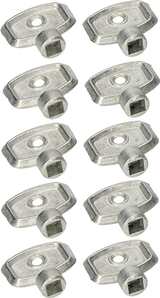 A collection of ten silver radiator bleed keys arranged in two columns.