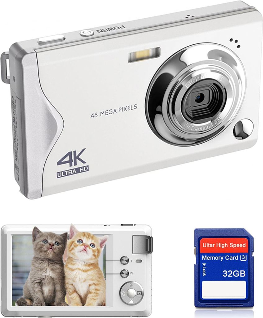 Fine Life Pro 48MP 1080P FHD Kompaktkamera 3,0" TFT-Farb-LCD-Display mit 32GB SD-Kart, 16-facher Digitalzoom für Teenager Erwachsene Anfänger, weiß