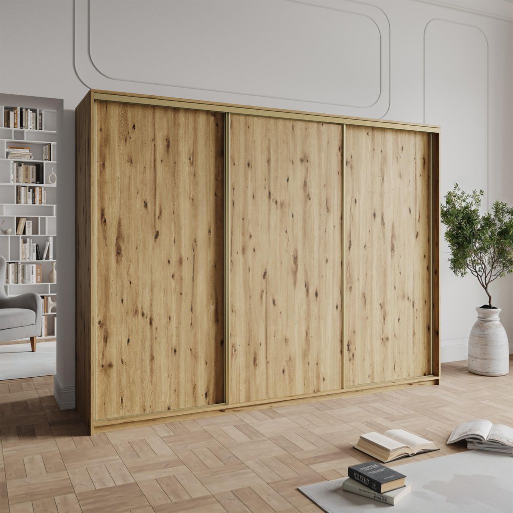 Masseno Schiebetürenschrank NISSE 250/205/60 cm Kleiderschrank mit 4 Schubladen Schlafzimmer Schrank 3-türig Eiche Artisan