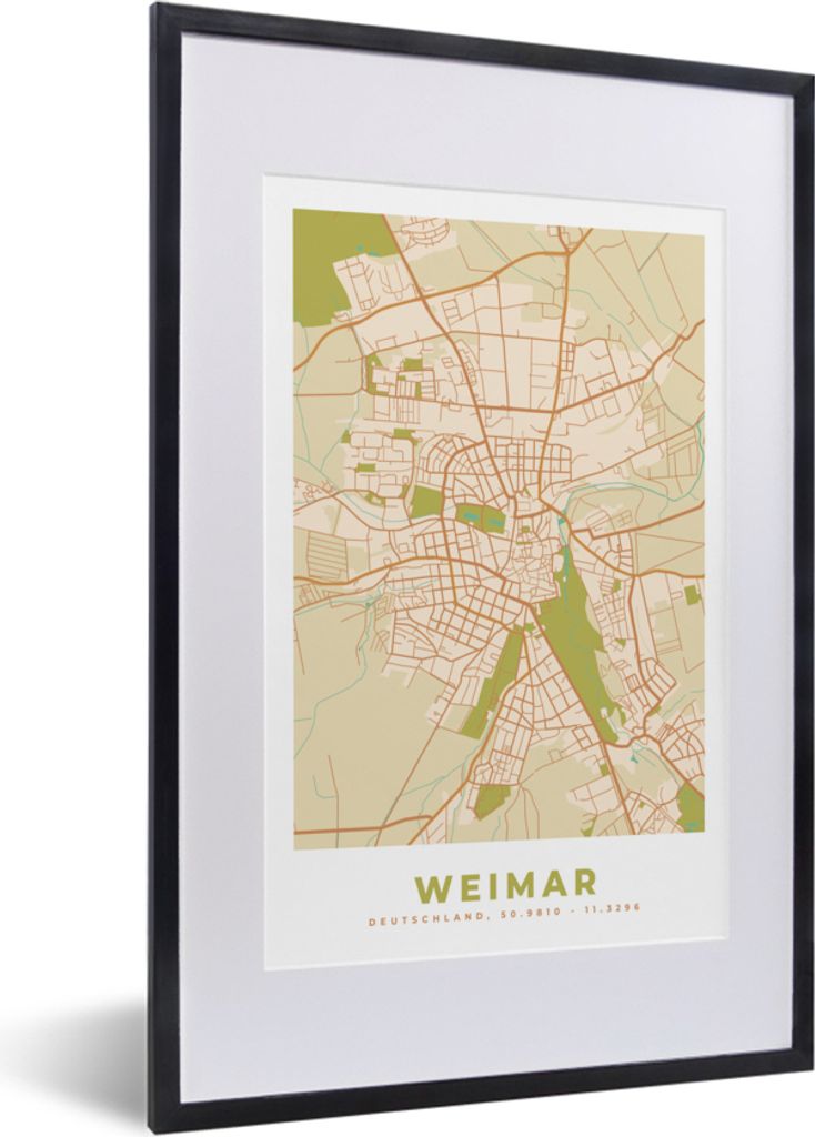 MuchoWow Gerahmtes Poster Weimar - Stadtplan - Vintage - Karte 40x60 cm - Poster mit Schwarzem Bilderrahmen Wandposter Rahmen Foto Bilder - Poste...