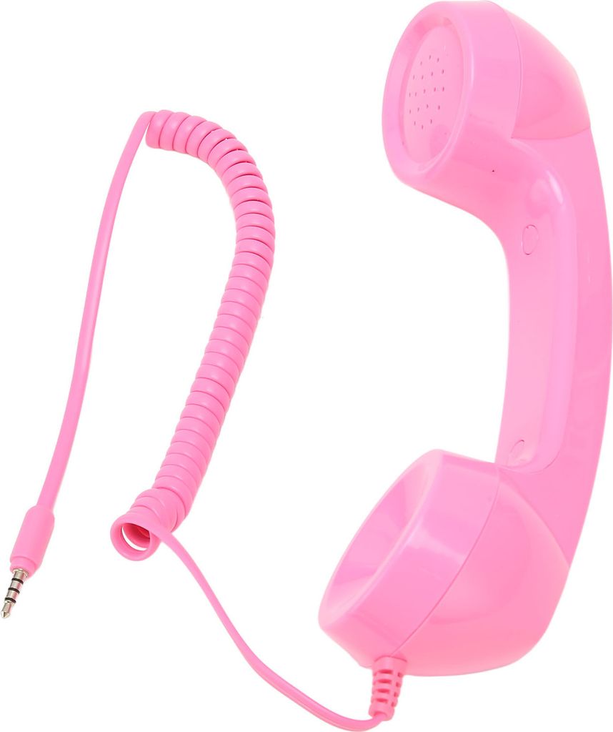 A pink retro telephone handset with a coiled cord and a 3.5mm jack connector is shown against a white background.