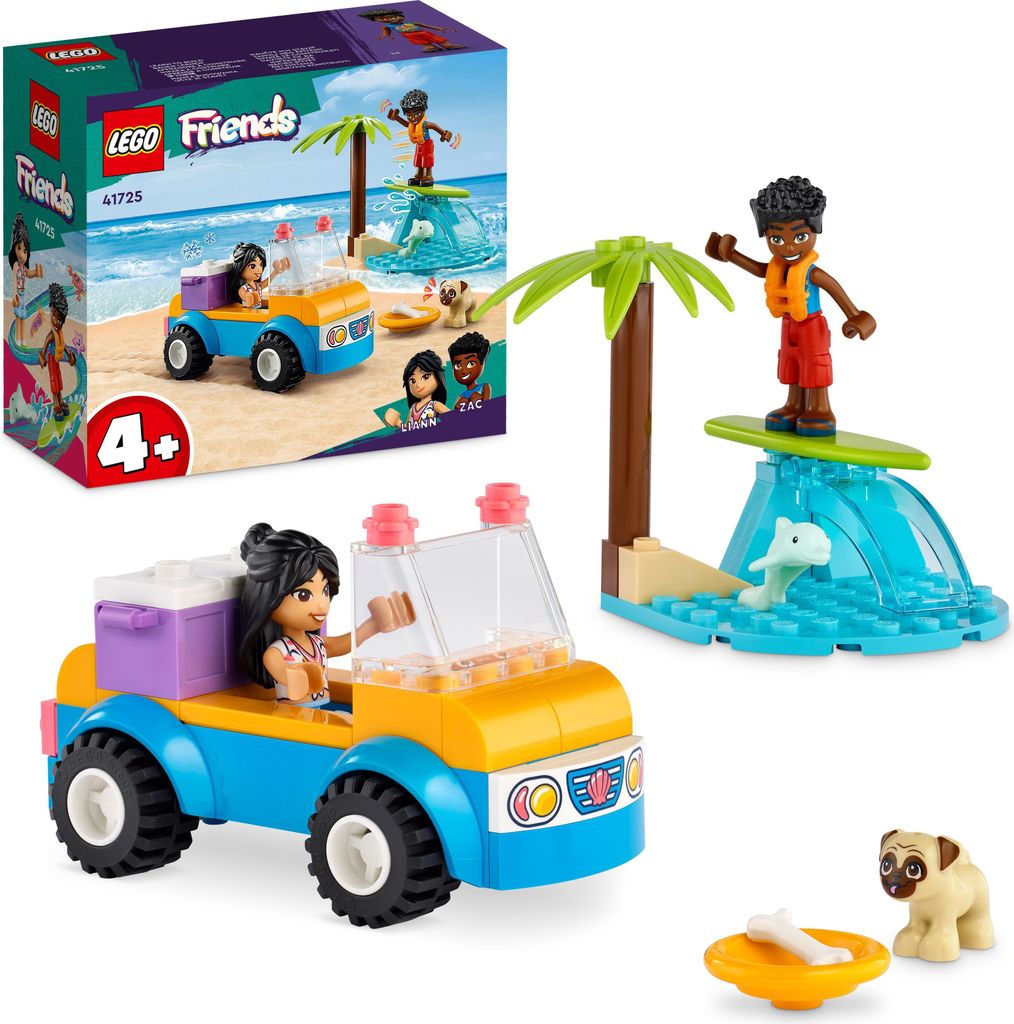 LEGO 41725 Friends Strandbuggy-Spaß Set mit Spielzeug-Auto, Surfbrett, Mini-Puppen sowie Delfin- und Hunde-Tierfiguren, Sommer-Spielset für Kinde...