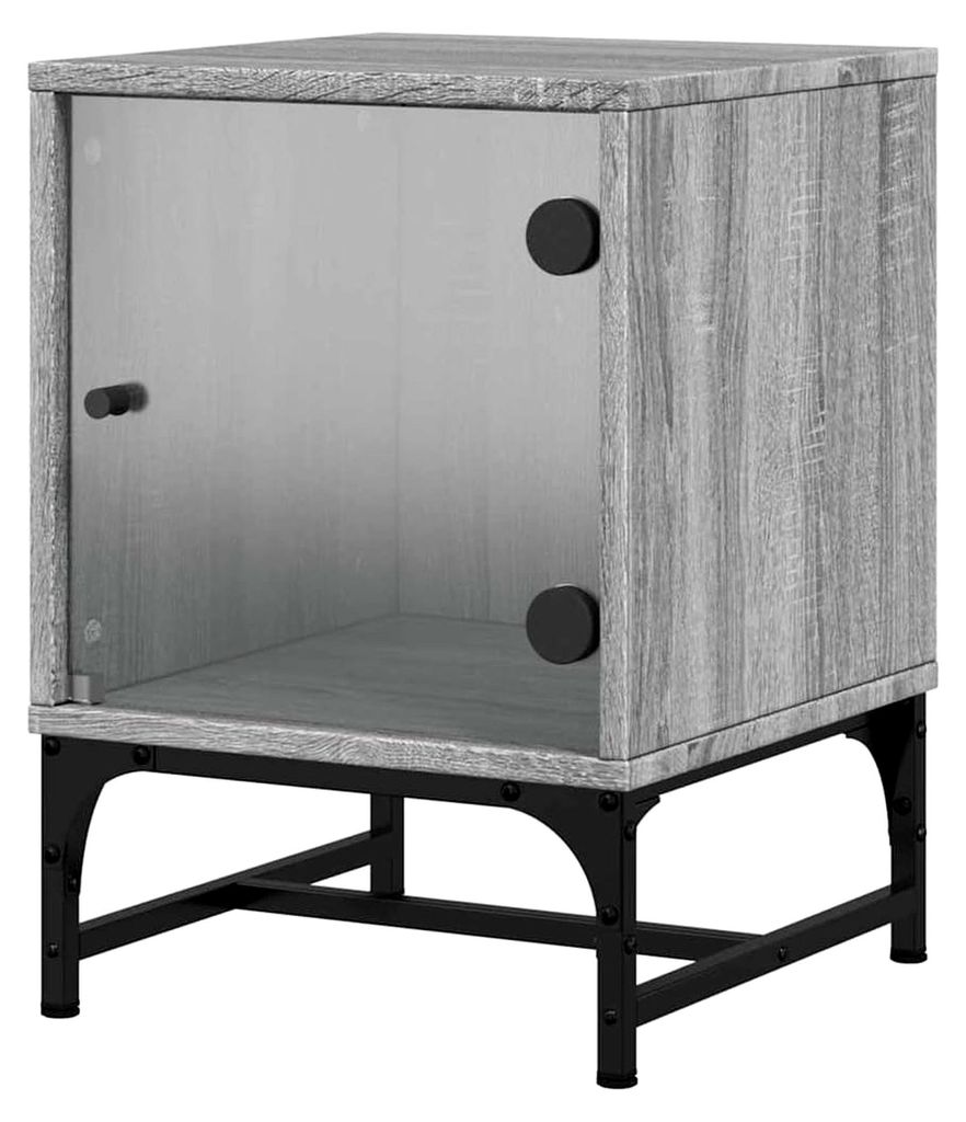 Nachttisch mit Glastür, Nachtschrank mit Stauraum, Nachtkommode für Schlafzimmer, Nachtkonsole Beistelltisch, Modern, Grau Sonoma Holzwerkstoff