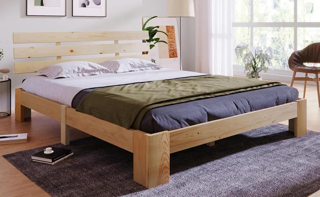 Lit double 140x200 bois naturel avec sommier : Idéal petit espace 18cm - 3