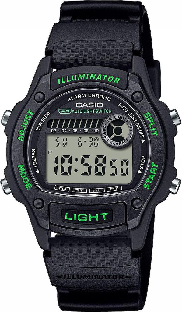 A black Casio digital watch with green accents is shown against a white background.