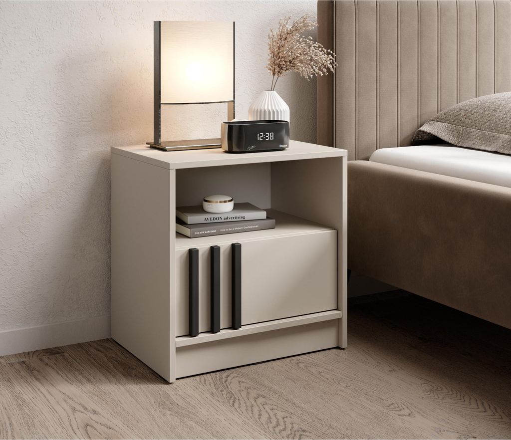Nachttisch mit Lamellen Polly Nachtschrank mit Schublade modern Nachtkonsole Nachtkommode mit Fächer, Farbe: Kaschmir, Schwarz