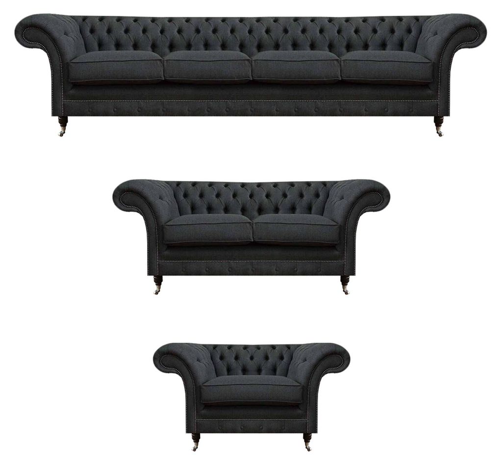 Chesterfield Graue Posltergarnitur Wohnzimmer Sitzmöbel Lehnsessel Sofas