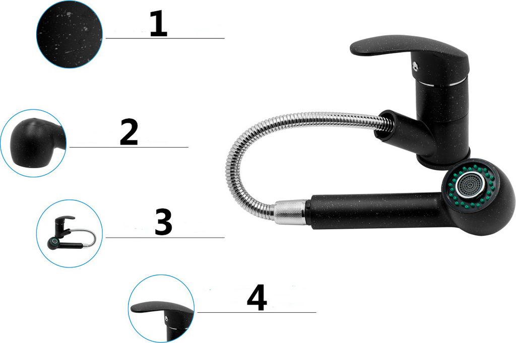 A black kitchen faucet with a pull-out spray head and a flexible hose, shown with numbered callouts pointing to different parts of the faucet.