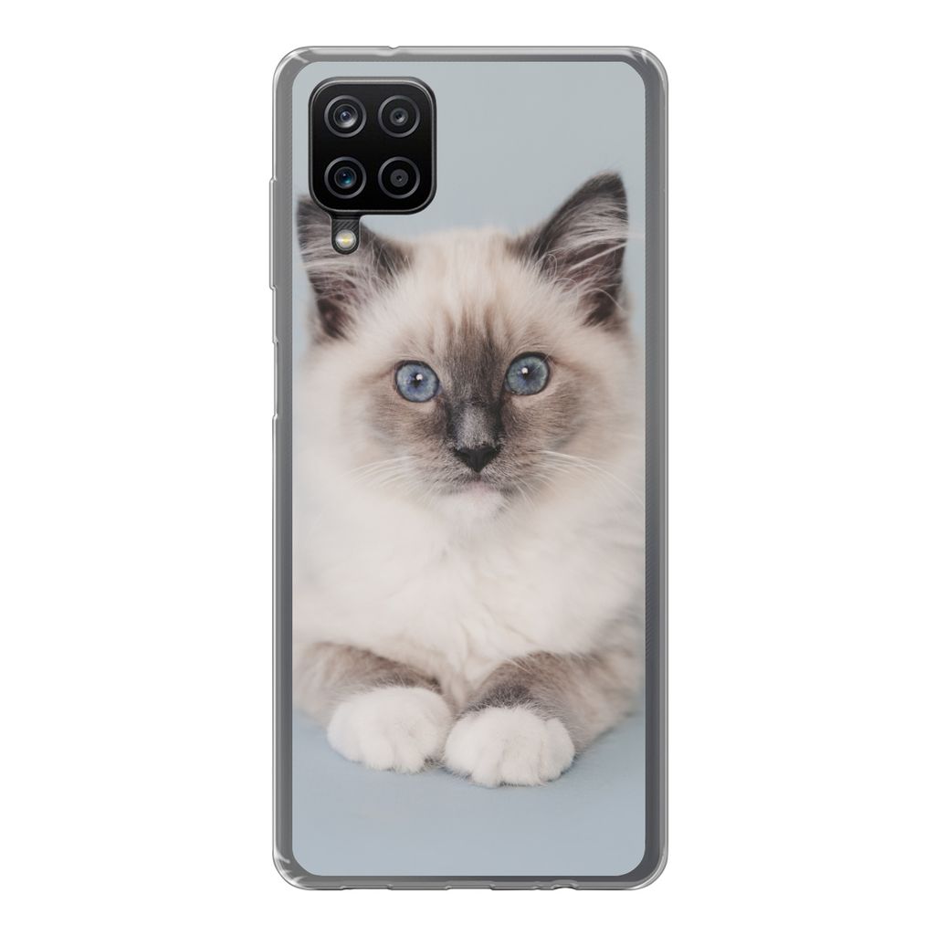 MuchoWow Handyhülle Schutzhülle Hülle für Samsung Galaxy A12 Katze - Ragdoll Katze - Blau - Mädchen - Kinder - Jungen - Kind Silikon Softcas...