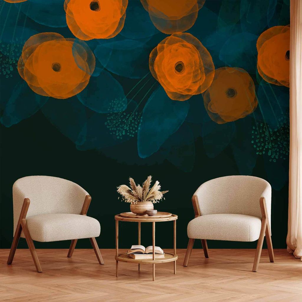 Vlies Fototapete - Watercolour composition - orange patterns on a delicate leaf background 400x280 cm Blumen b-A-10093-a-a