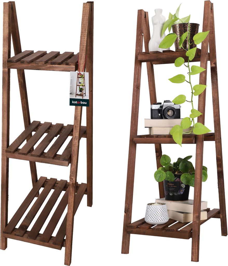 KOTARBAU Blumentreppe Holz Blumenleiter Holz 114 x 37 x 50 cm Braun Pflanzleiter Outdoor & Indoor Blumentreppe klappbar Blumenleiter Balkon Blume...