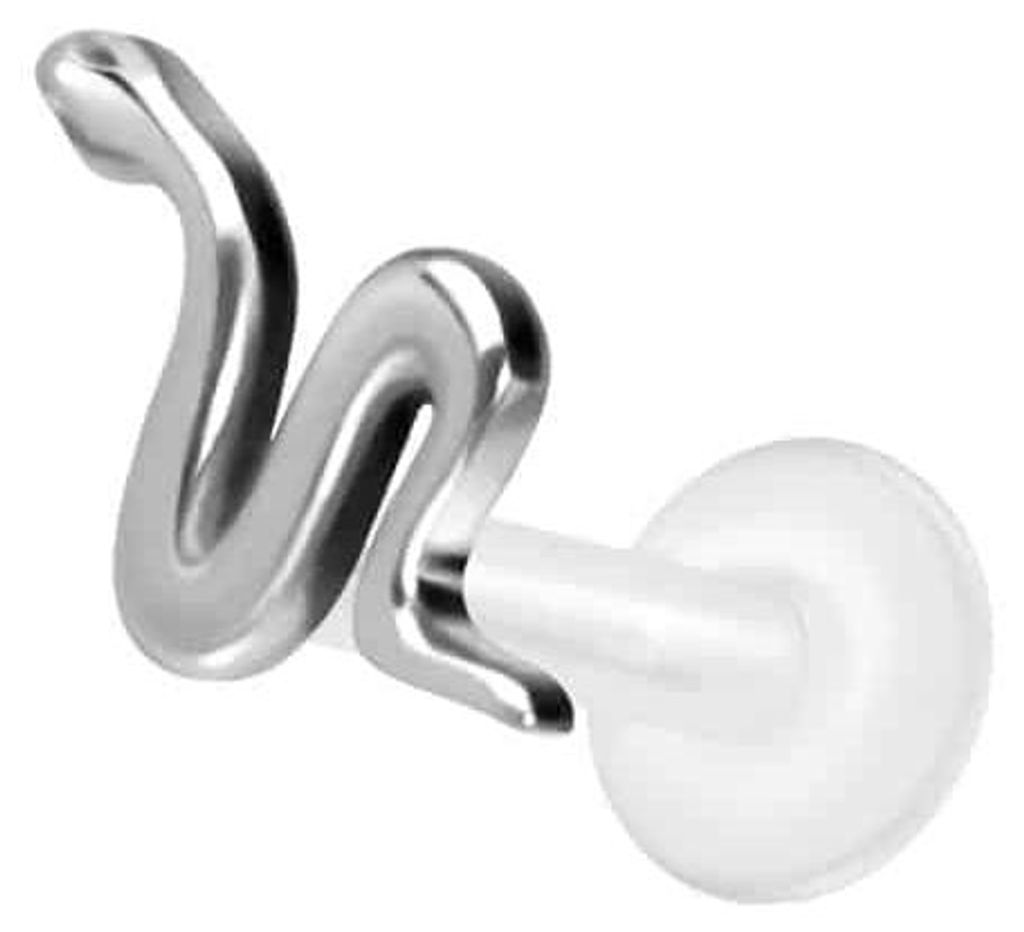 Ohrpiercing, Nasenpiercing PTFE Labret mit Innengewinde + Titan-Aufsatz SCHLANGE Silber Stablänge: 5mm | Stabstärke: 1,2mm