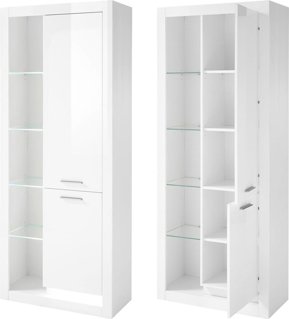 Vitrinenschrank Mailand-61, modernes und zeitloses Design, in Hochglanz Weiß - B/H/T: ca. 80/195/37 cm