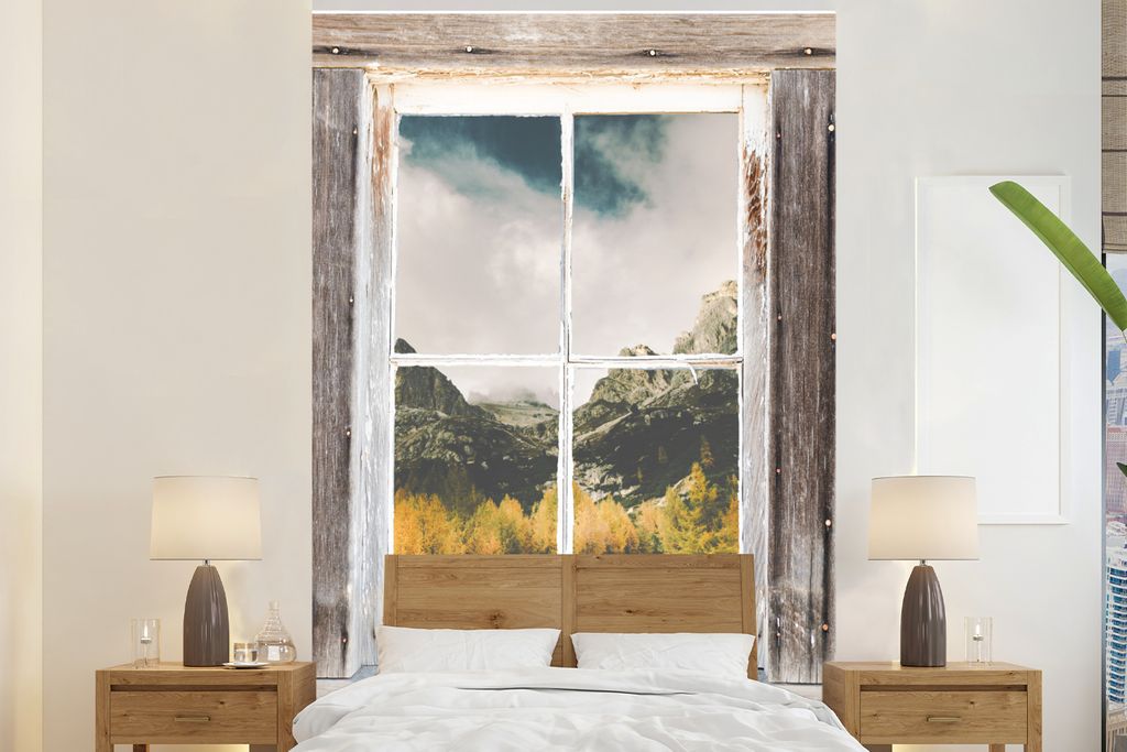 MuchoWow Fototapete für Wohnzimmer oder Schlafzimmer Wandtapete Vinyl Motivtapete Durchschaubar - Holz - Berge - 225x350 cm - Schlafzimmer tapete