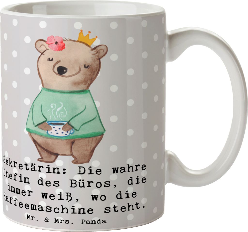 Mr. & Mrs. Panda Tasse Sekretärin Chef - Grau Pastell - Geschenk, Beruf, Ansprechpartner, Kaffeebecher, Büroalltag, Kaffeemaschine, Kaffeetasse, ...