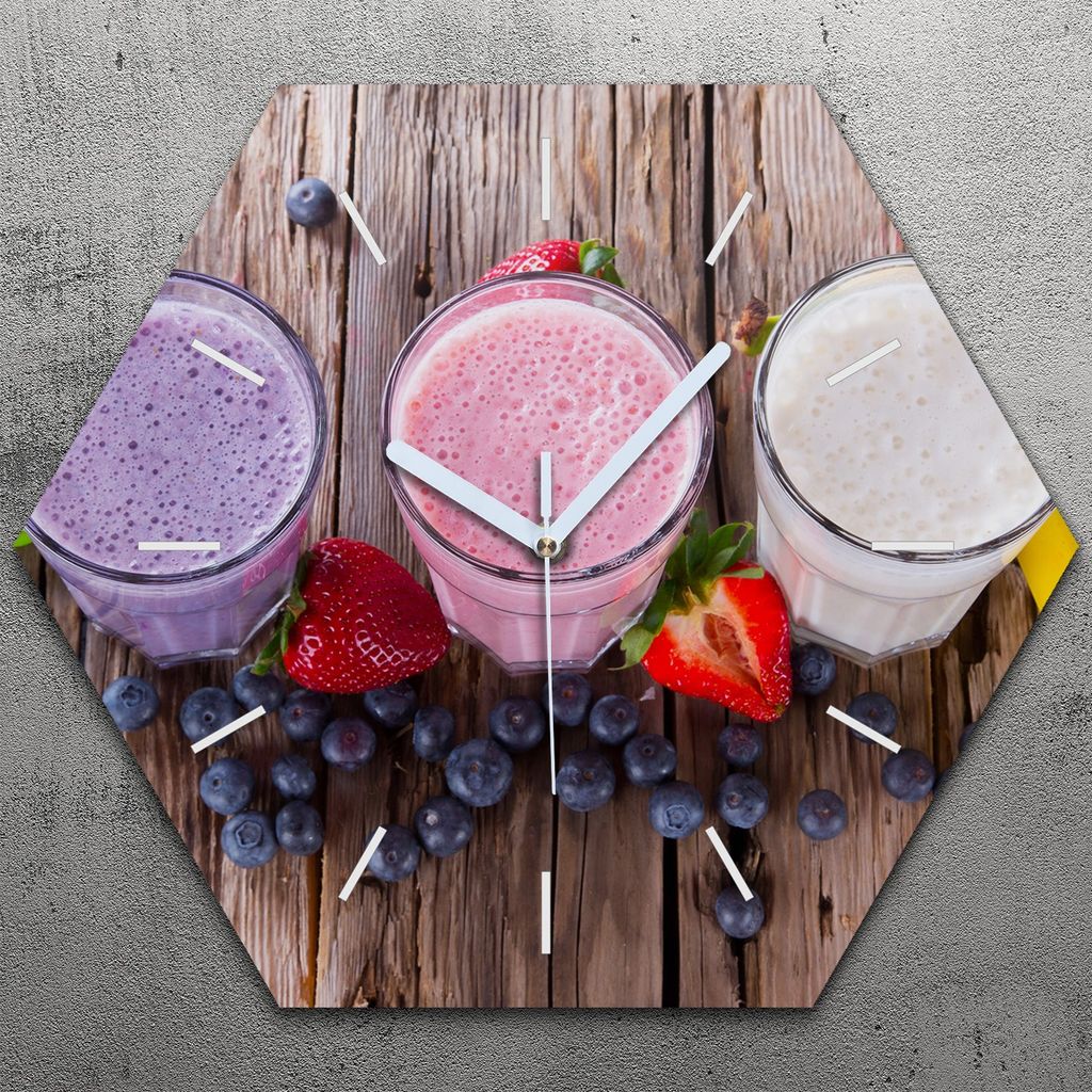 Uhr hexagonal 40 cm Glas Geräuschlos weiße Zeiger - Milch Erdbeeren Heidelbeeren