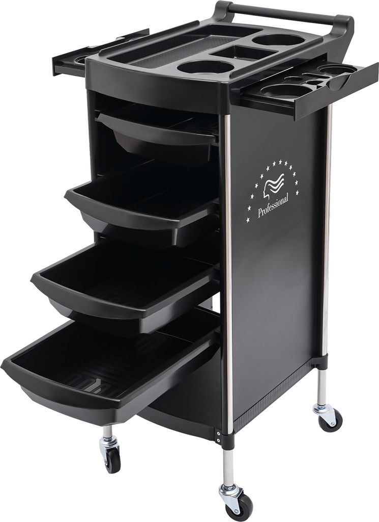 A black salon trolley with multiple drawers and compartments, shown on a white background.