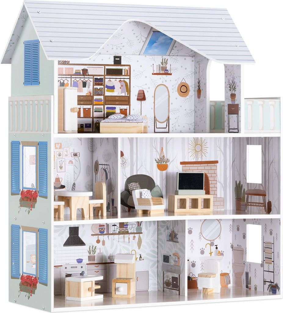 Navaris Puppenhaus aus Holz - inkl. 11x Möbel 4X Zubehör - Produktbild 