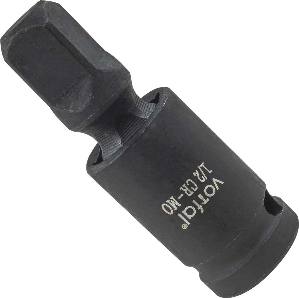 A black metal universal joint socket adapter with a hex bit on one end and a socket drive on the other.