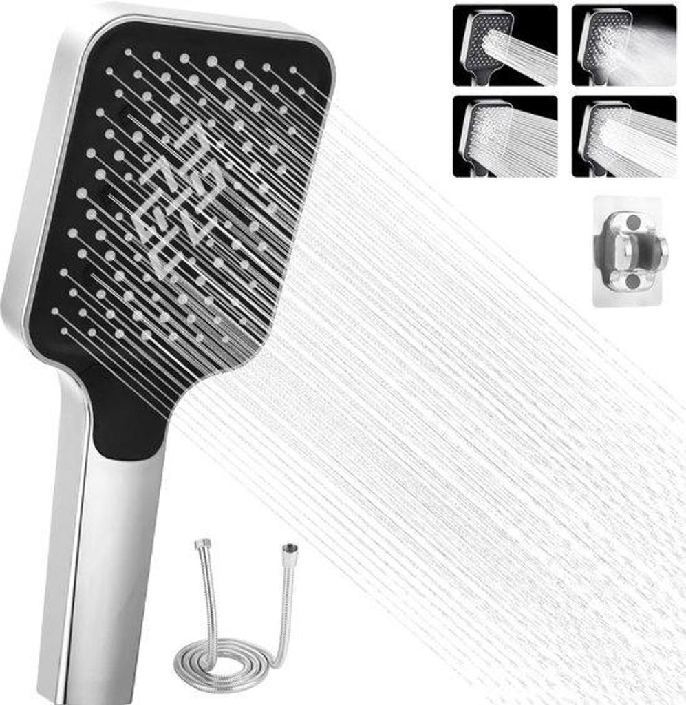 Wassersparender Duschkop mit Schlauch - Handdusche mit 4 Strahlen - Silber