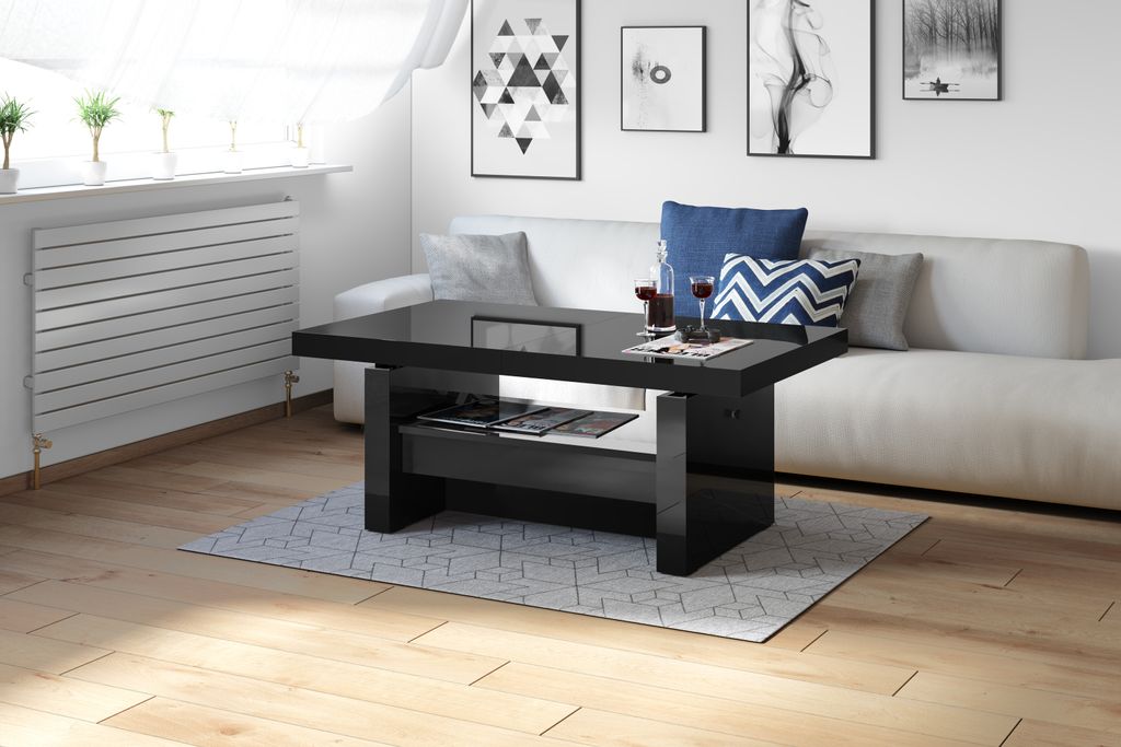Design Couchtisch Tisch Aversa H-111 Schwarz Hochglanz Schublade höhenverstellbar ausziehbar Esstisch