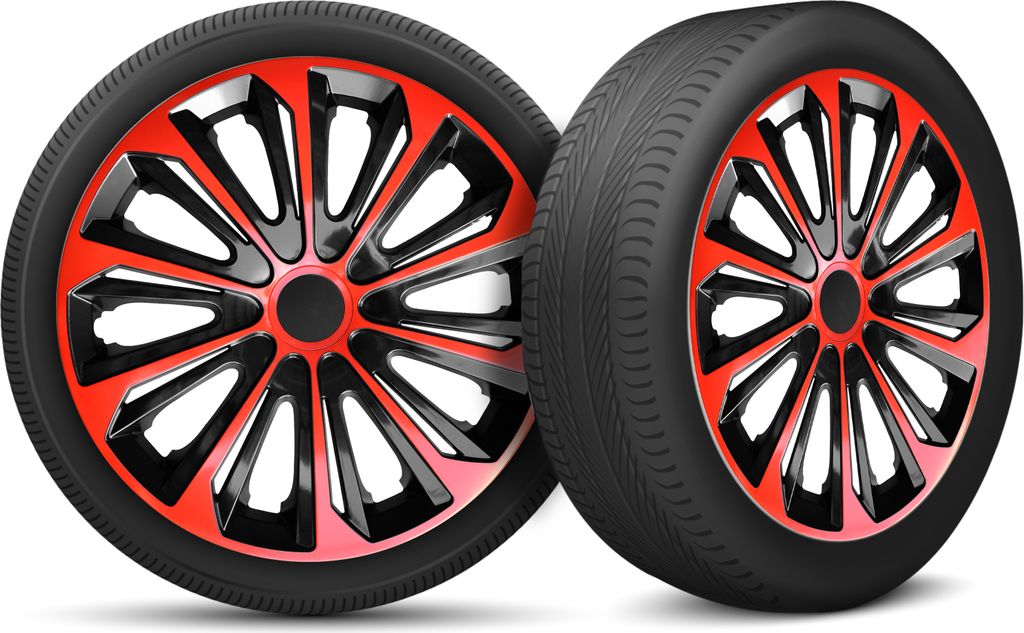 Auto Radkappen Radzierblenden 4er Set passend für alle Stahlfelgen - einstellbarer Sicherungsring - 14 Zoll - Schwarz Rot