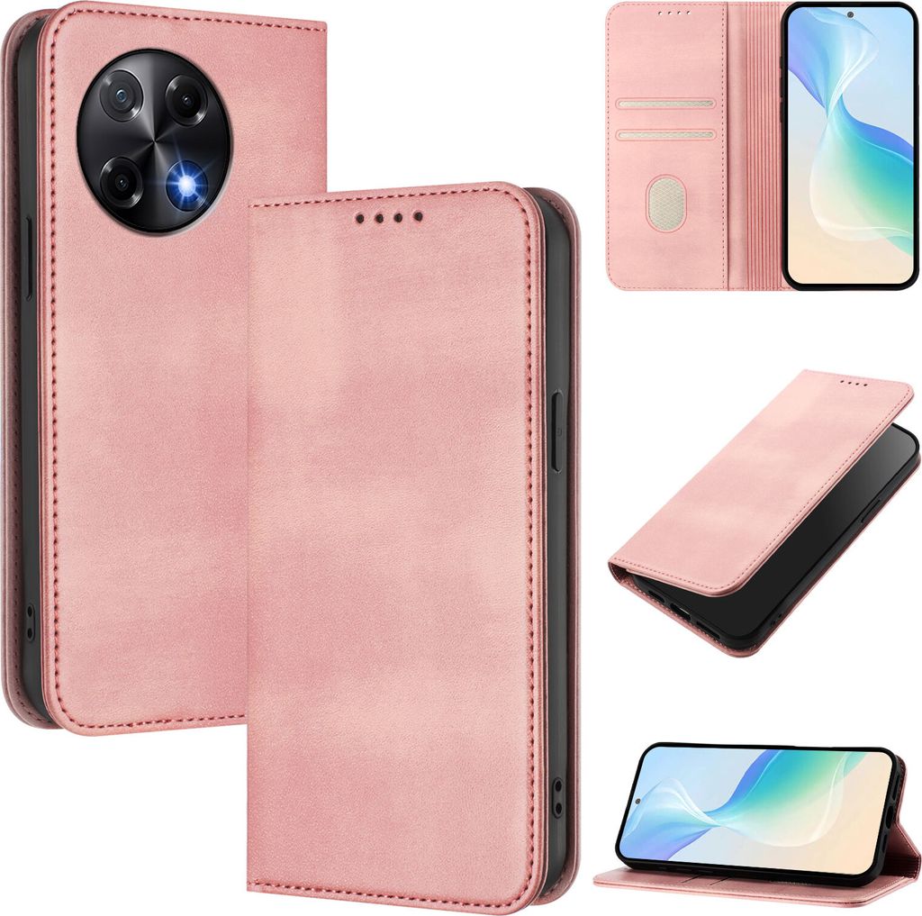 Handyhülle für Tecno Camon 30S / 30S Pro, Vintage Leder RFID Schutz Kartenfach Standfunktion Magnetische Klapphülle Pink