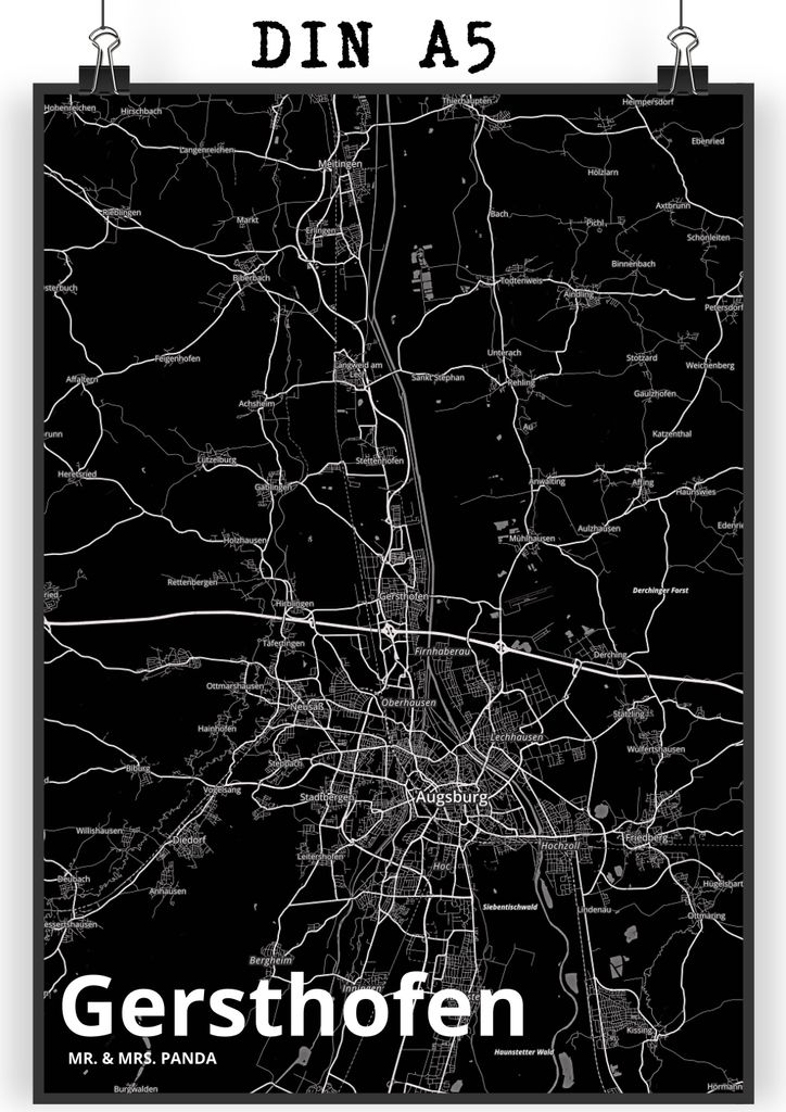 Mr. & Mrs. Panda Bild Gersthofen DIN A5 - Geschenk, Wandschmuck, Wandbild, Stadt Dorf Karte Landkarte Map Stadtplan, Kunstdruck, drucke, wanddeko