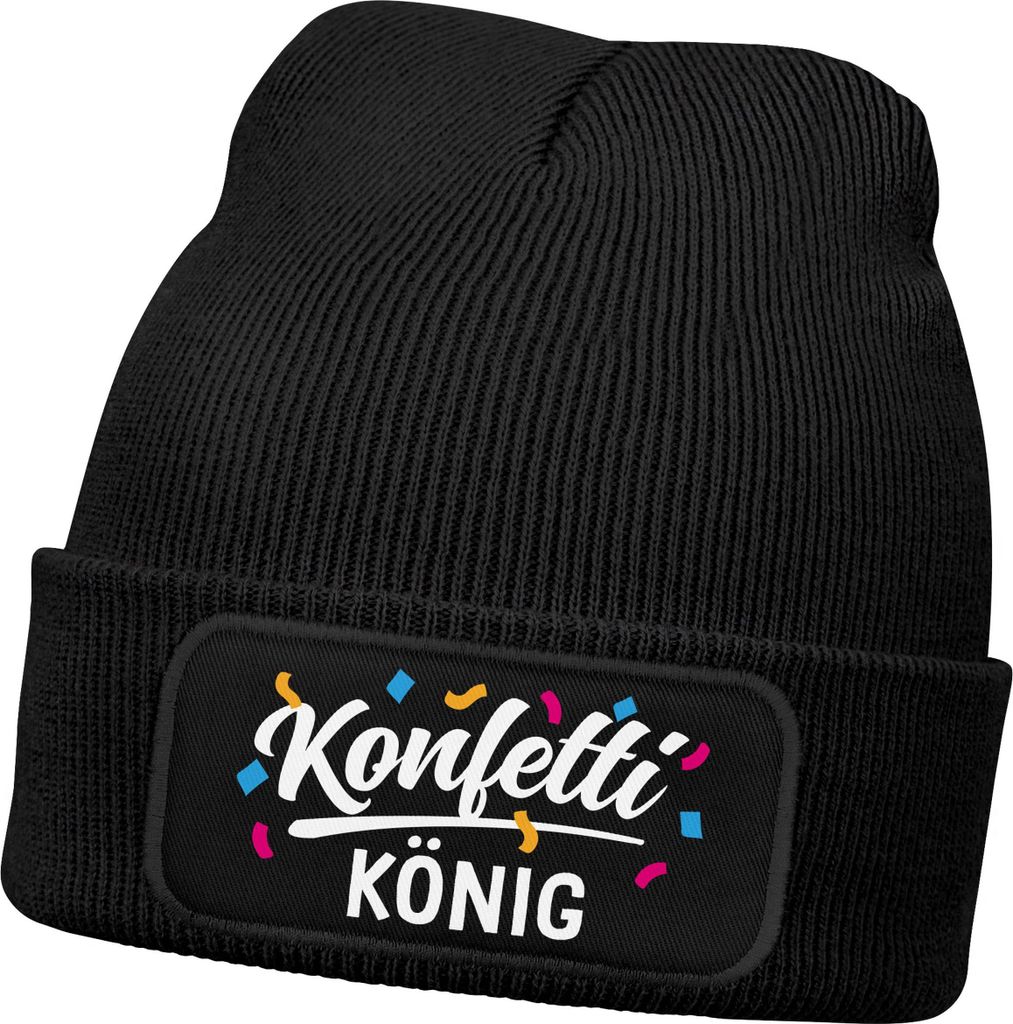 Herren Beanie Patch - Design Konfetti König - Strickmütze mit Spruch Aufdruck Fasching Karneval Lustig Mütze Männer Moonworks