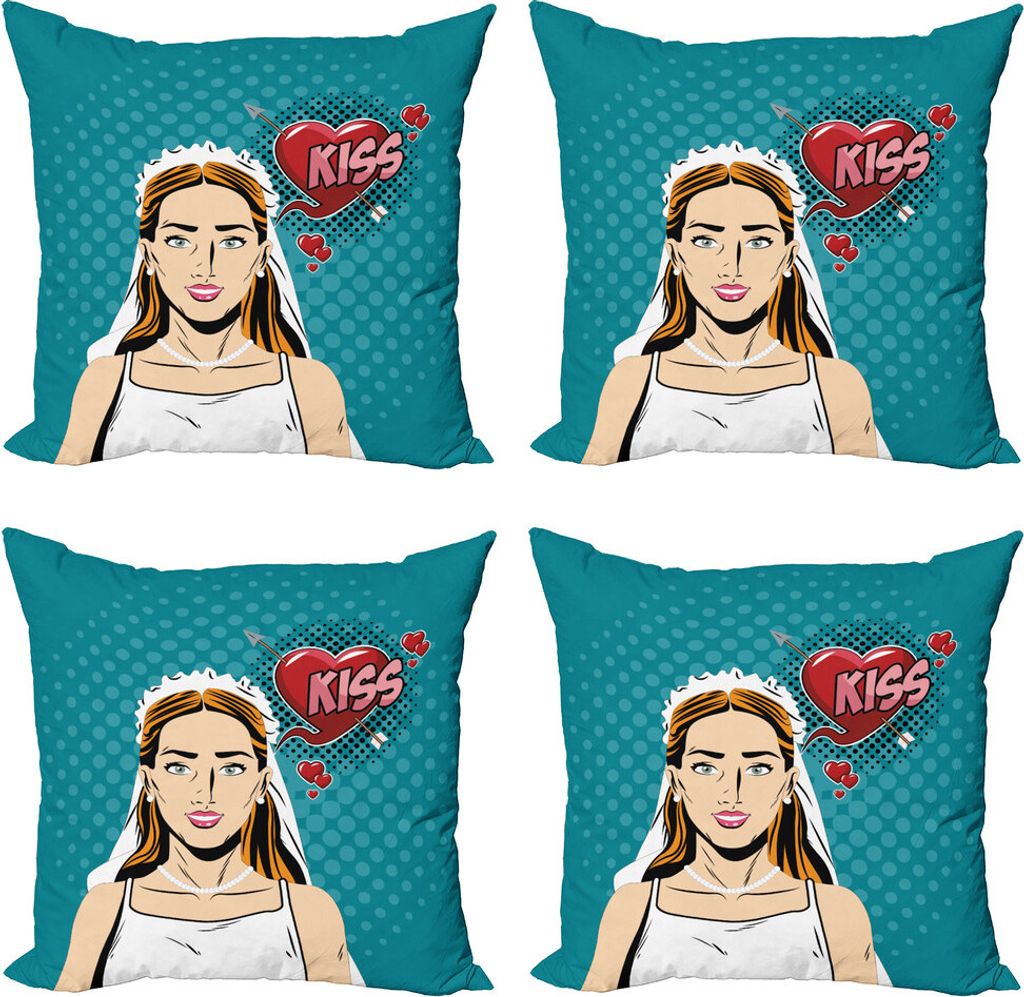 ABAKUHAUS Ehefrau Kissenbezug Set (4 Stück), Retro Comic Young Bride Herz, Moderner Doppelseitiger Digitaldruck, 45 cm x 45 cm, Mehrfarbig