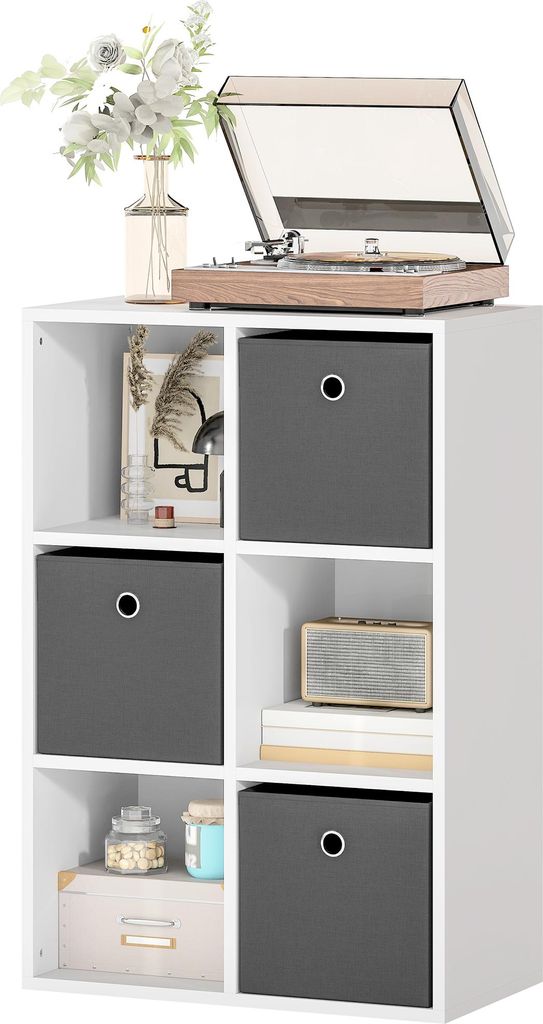 Regal mit 6 Fächern und 3 Stoffschubladen, Aufbewahrungsregal, vielseitig, Grau