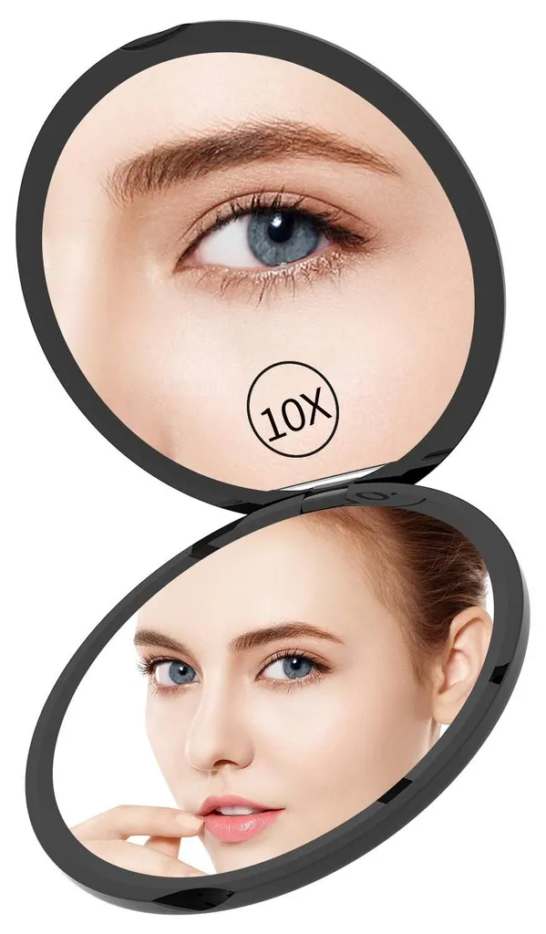 Miroir de poche 10 cm double face 1x/10x ultra-fin compact noir