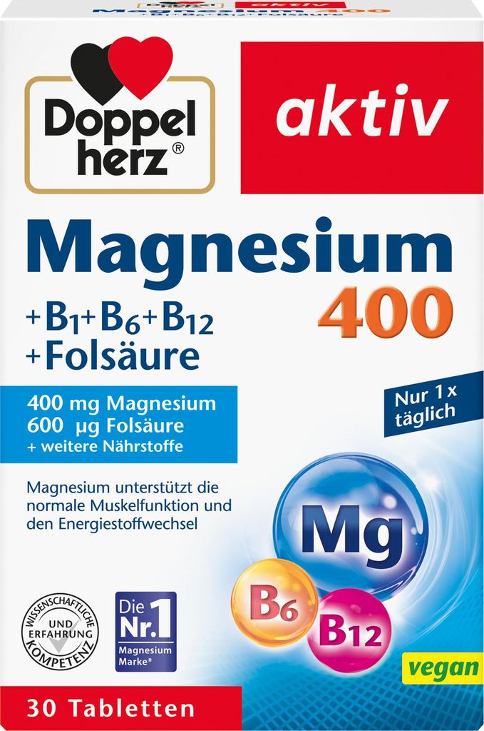 A product box for Doppelherz Magnesium 400 tablets.