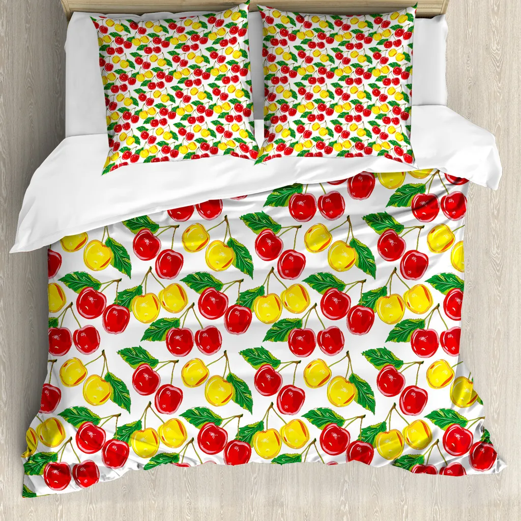 ABAKUHAUS Copripiuma con motivo frutta, ciliegie colorate, antiacaro, adatto a chi soffre di allergie, con federe, 155 cm x 220 cm - 80 x 80 cm, rosso, giallo, verde
