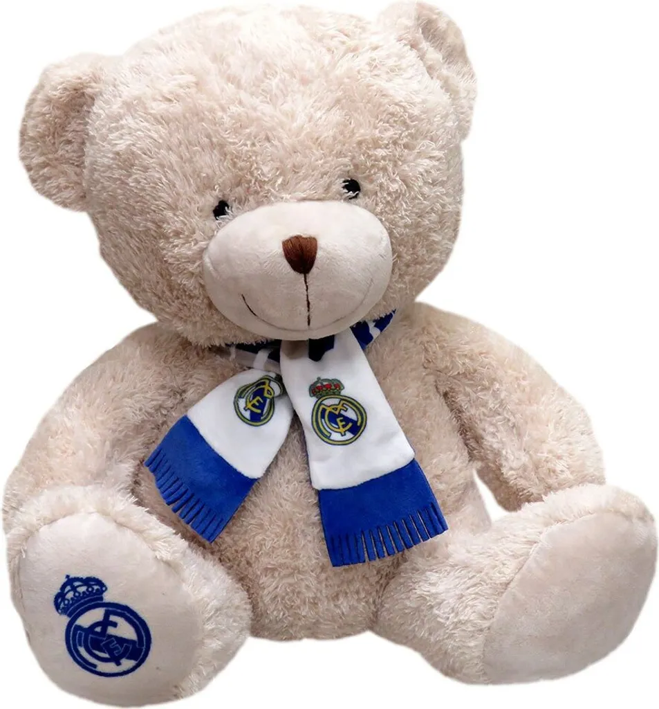 Peluche Real Madrid 35 cm ours beige pour décoration chambre de fan de foot