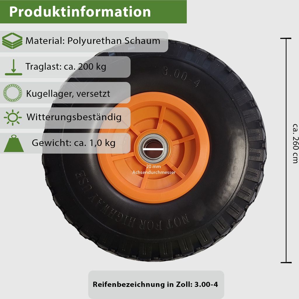 2x Sackkarrenrad Vollgummi 260x85 mm 3.00-4 60mm Nabenlänge Produktbild 3