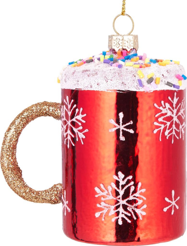 BRUBAKER Weihnachtstasse mit Streuseln - Handbemalte Weihnachtskugel aus Glas - Christbaumschmuck Figuren lustig Deko Anhänger Baumkugel - ca. 9 cm