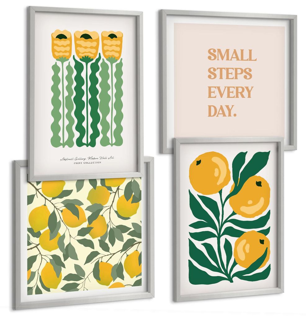 Bilder Set 4-teilig im silbergerahmten Rahmen – Wandbilder 4 Stück – gerahmte Poster für Wohnzimmer, Schlafzimmer und Flur – 50x50 cm - 40x...
