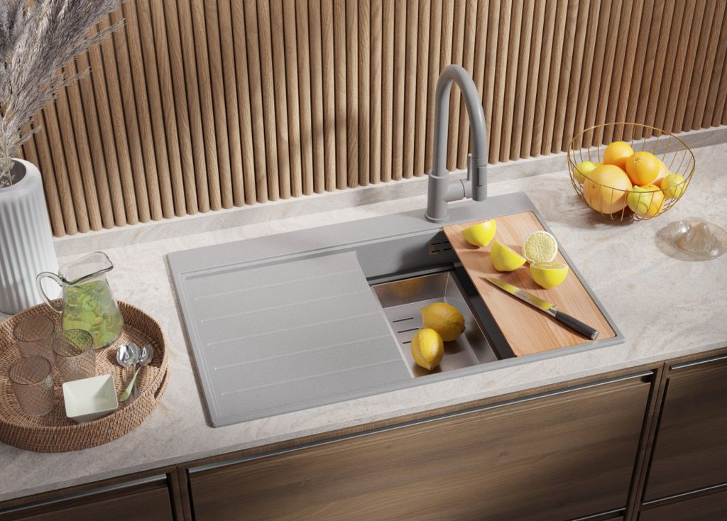 PRIMAGRAN Granitspüle Grau 78x50cm, Spülbecken 1 Becken + Küchenarmatur 38x14cm + Ablauf-Set + Küchenzubehörset, Küchenspüle ab 45er Untersc...