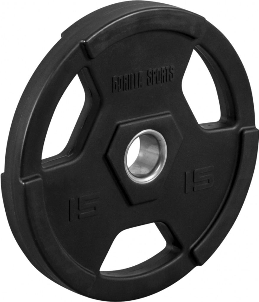 GORILLA SPORTS Olympia Hantelscheiben - 15kg Gewichte, Tri-Grip, 50mm Bohrung, aus Kunststoff, Schwarz - Gewichtscheiben, Olympiascheiben, Hanteln