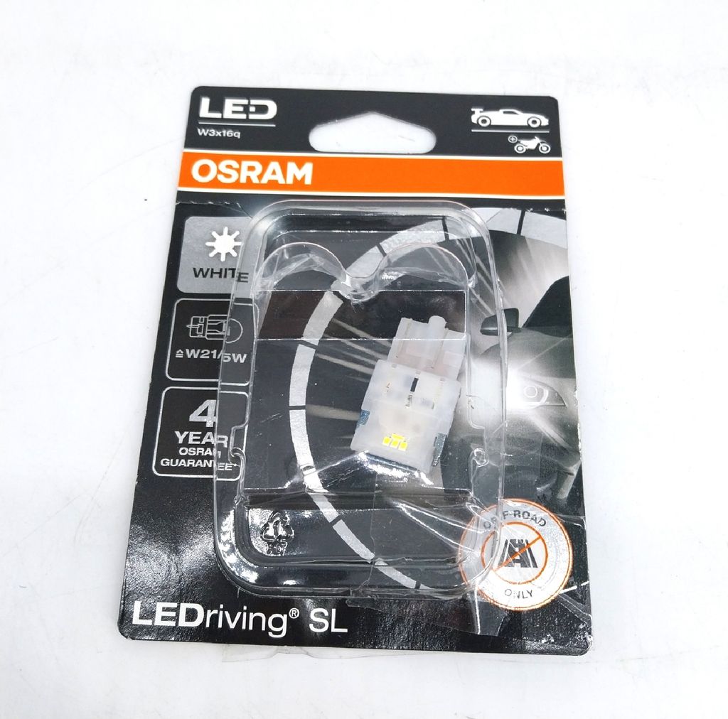 A product package for OSRAM LEDriving SL W21/5W LED bulbs.