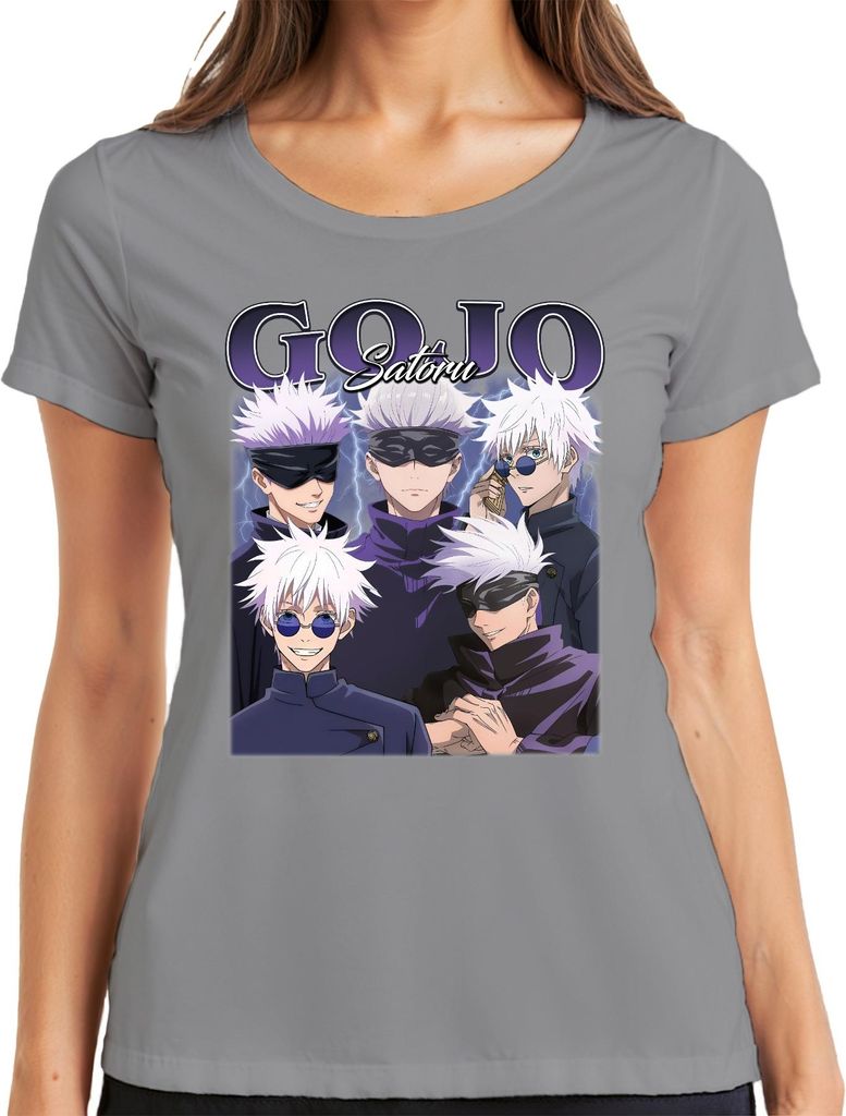 Gojo Satoru Jujutsu Kaisen Augenbinde weißes Haar Anime Geschenk Damen T-Shirt, Grau, XXL
