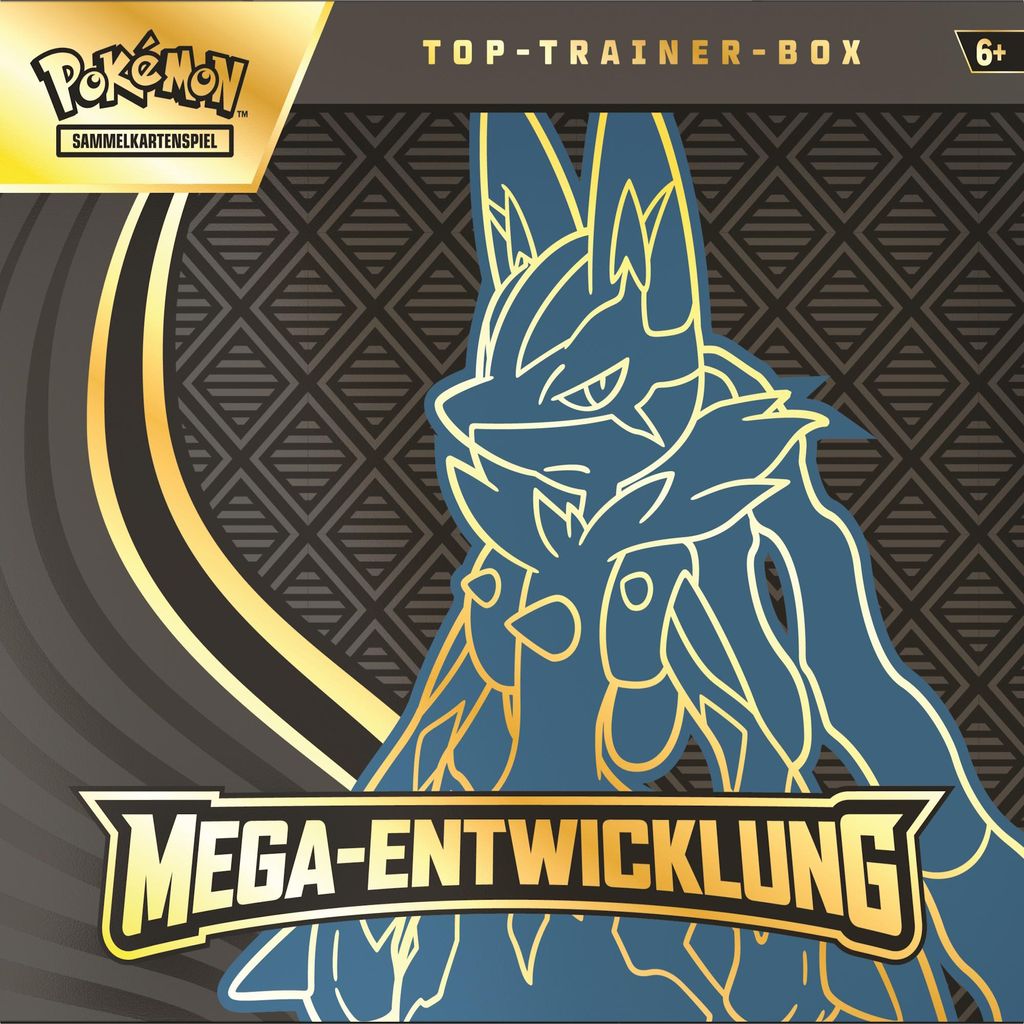 The image shows the front of a Pokemon Top-Trainer-Box featuring a stylized illustration of Lucario.