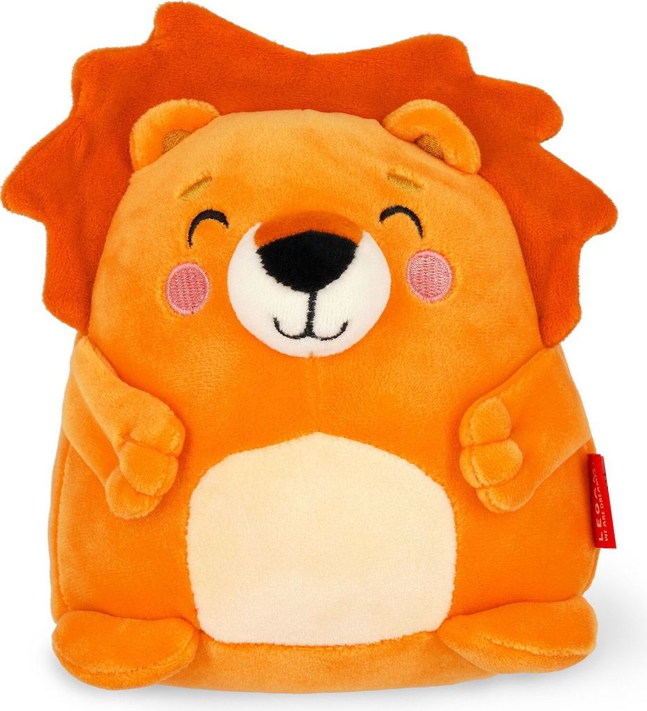 A plush toy lion is shown against a white background.