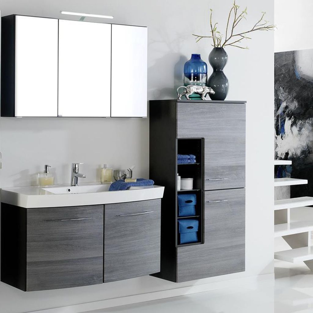Badmöbel Set FLORIDO-03 Eiche Rauchsilber, 100cm Waschtisch mit 2 Türen, LED-Spiegelschrank, Midischrank, B x H x T: ca. 180 x 200 x 47 cm